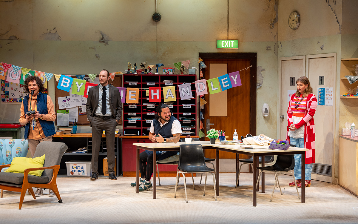 Catherine McClements as Pat Novitsky, Nathan O'Keefe as Douglas Housten, Ezra Juanta as Steve Budge, and Stephanie Somerville as Anna Park in <em>Chalkface</em> (photo by Matt Byrne)